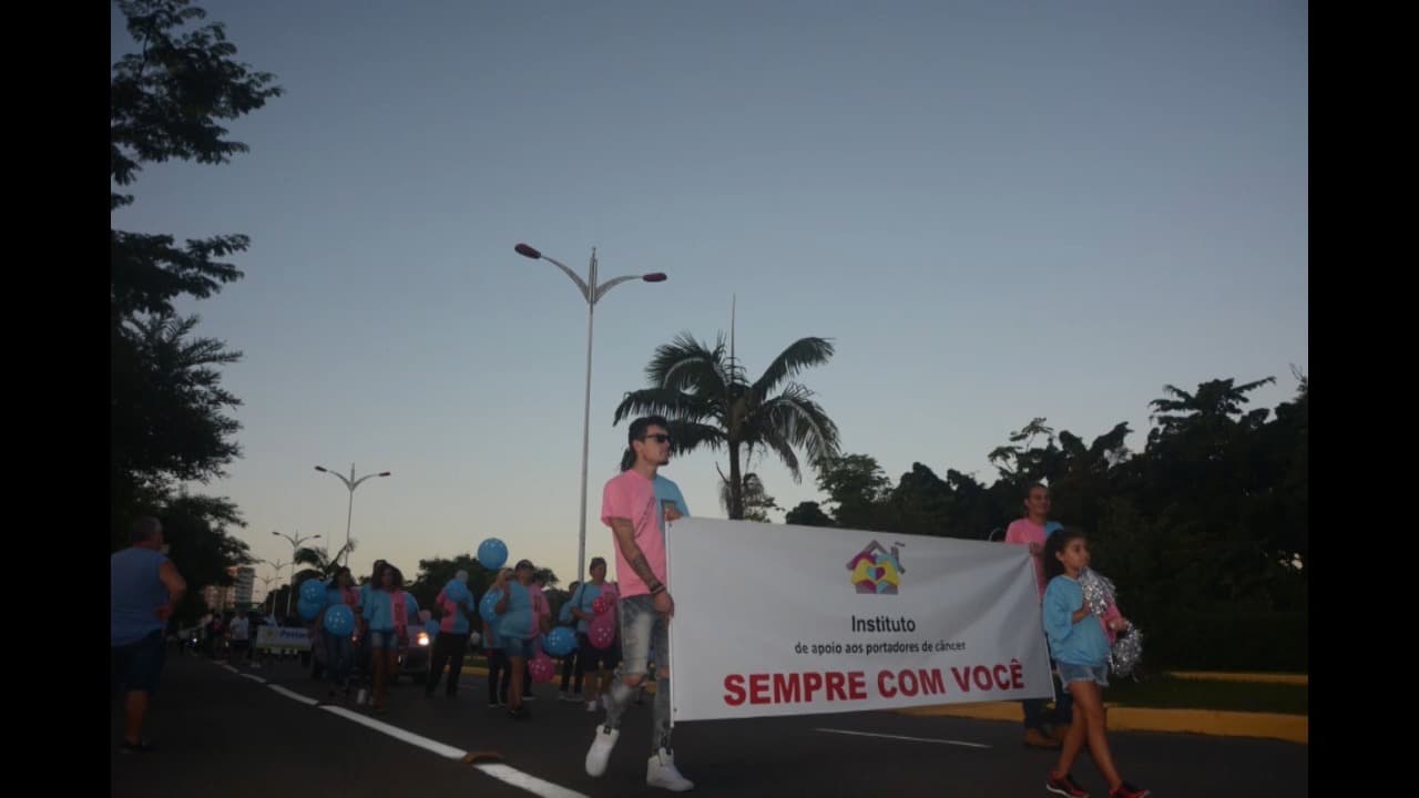Grupo do Instituto no desfile de Joinville com camisetas rosa e azul